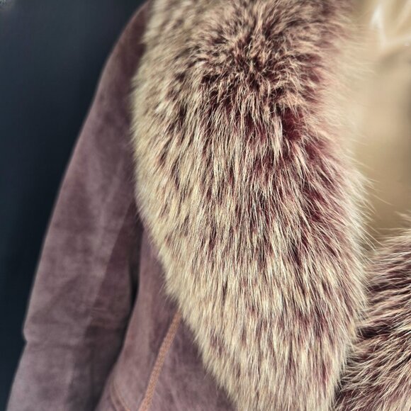 Y2K Suede Fitted Jacket Fox Fur Collar Size S Dusty Mauve Boho Glam Fall Autumn - Picture 4 of 16